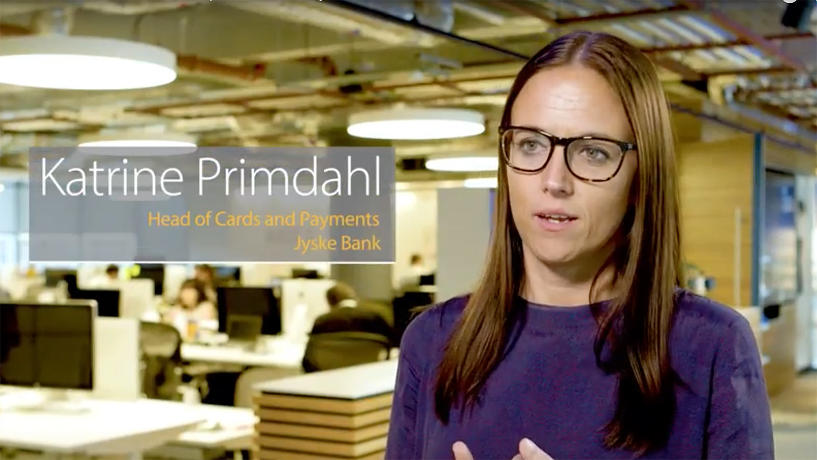 Head of Cards and Payments at Jyske Bank Katrine Primdahl with an office setting in the background.